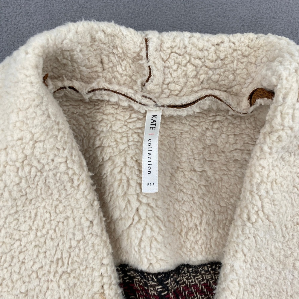 Kate Collection Womens Plaid Faux Shearling Trim Snakeskin Yoke Vest Brown L - Picture 2 of 6